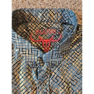 Platini Men Button Up Metallic Gold Blue Black Shirt Size XL Western Dress Shirt